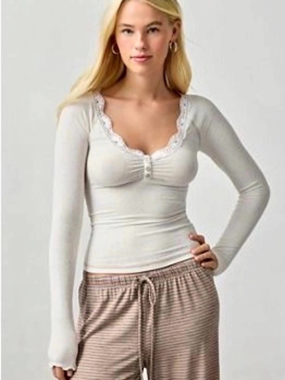 Urban Out Fitters  Lace Trim Long Sleeve Henley in Ivory  Size Large NWT